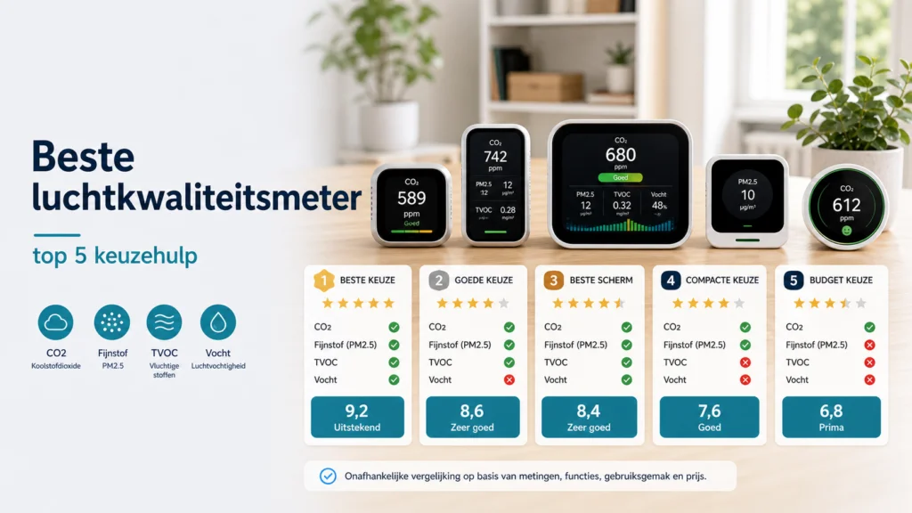 De Beste Luchtkwaliteitsmeter: Top 5 Keuzes voor een Gezondere Leefomgeving - visuele uitleg met luchtkwaliteitsmeter en meetwaarden