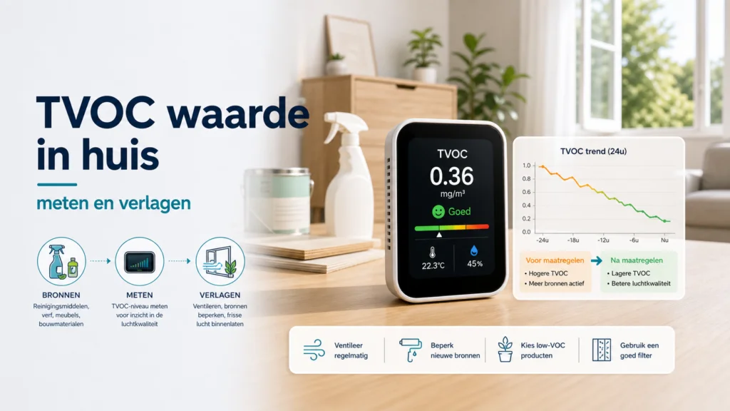 Wat is TVOC en Waarom is het Belangrijk voor Je Gezondheid? - visuele uitleg met luchtkwaliteitsmeter en meetwaarden