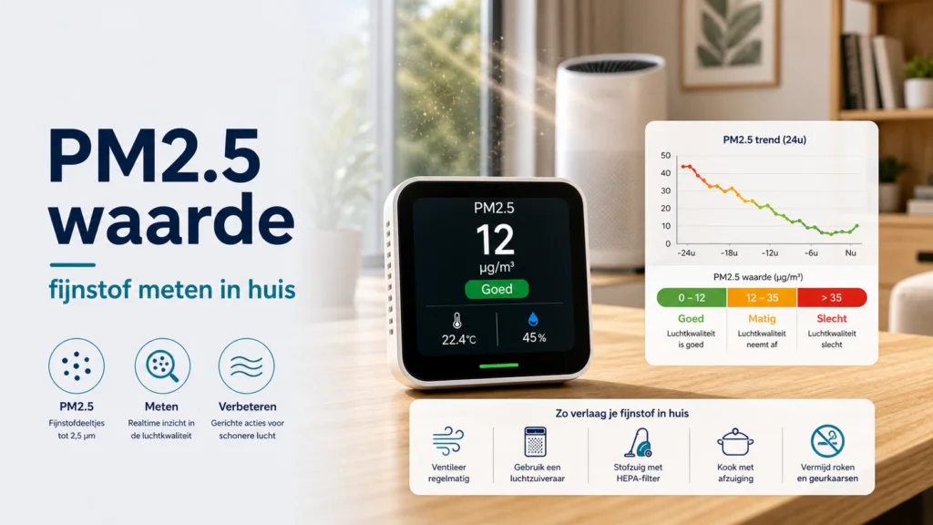 Alles Wat Je Moet Weten Over de PM 2.5 Waarde en Luchtkwaliteit Verbeteren - visuele uitleg met luchtkwaliteitsmeter en meetwaarden