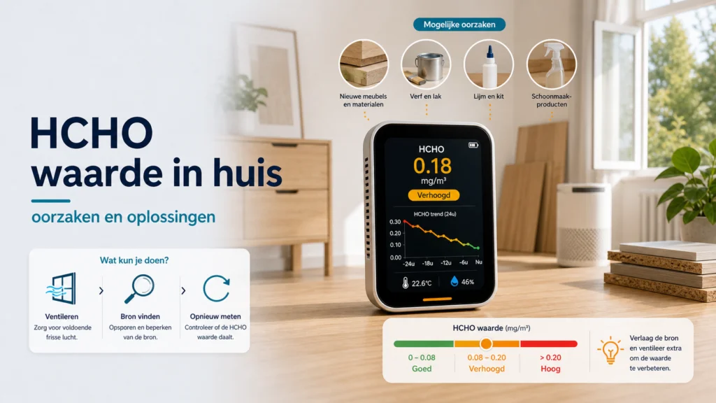 Verhoogde HCHO Waarde in Huis: Gevaren, Oorzaken en Oplossingen voor Schoon Ademen - visuele uitleg met luchtkwaliteitsmeter en meetwaarden
