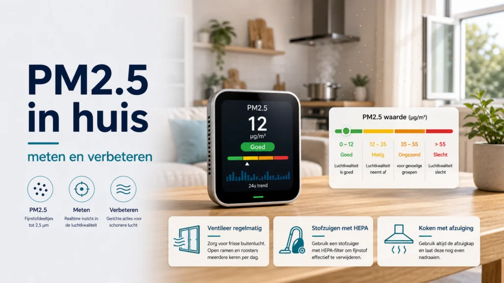 Verbeter je Gezondheid: De PM 2.5 Waarde in Huis en Tips voor Betere Luchtkwaliteit - visuele uitleg met luchtkwaliteitsmeter en meetwaarden