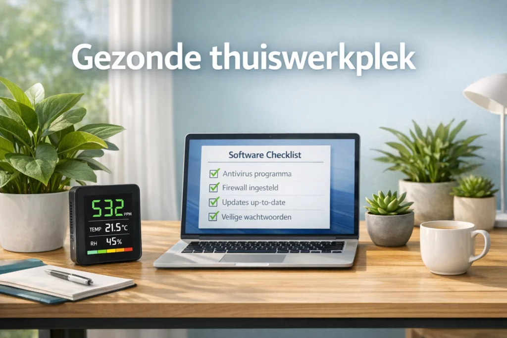 Gezonde thuiswerkplek met luchtkwaliteitsmeter en laptop