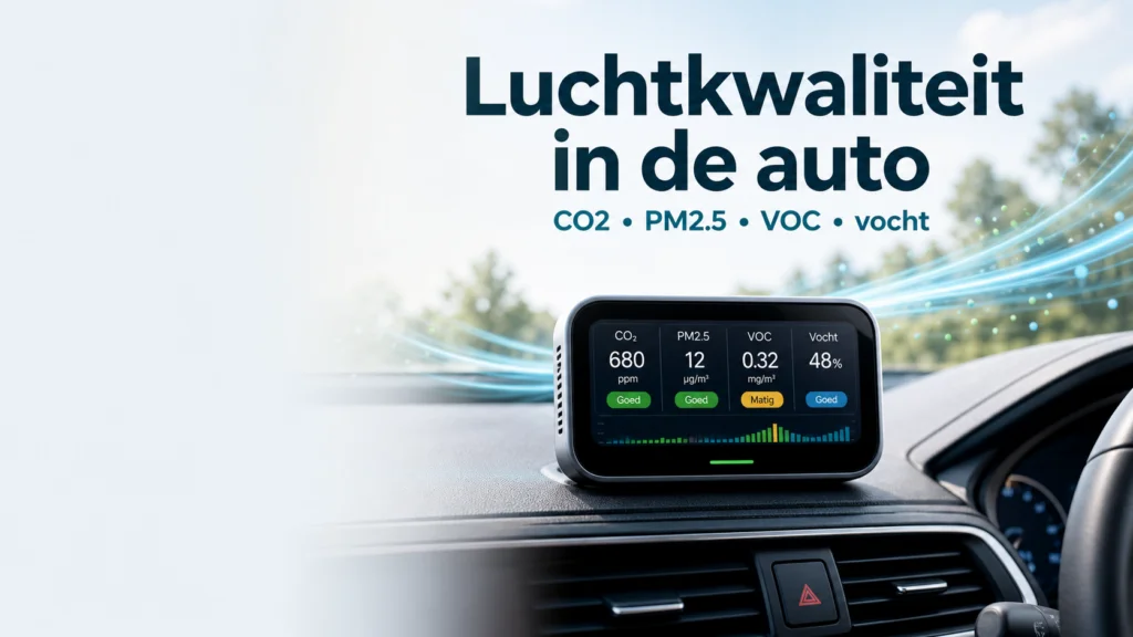 Luchtkwaliteit in de auto meten met CO2, PM2.5, VOC en vocht op een dashboardmeter