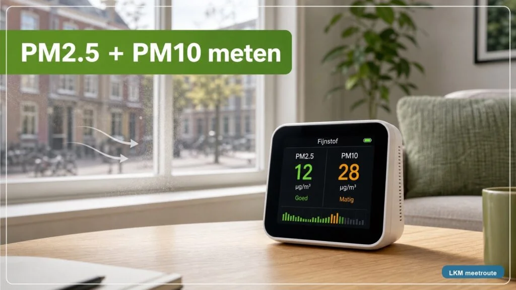 Fijnstofmeter in een woonkamer die PM2.5 en PM10 meet met LKM meetroute-label