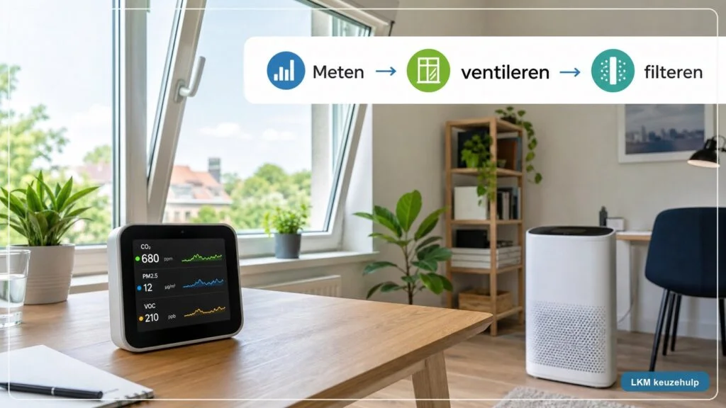 CO2 meter bij een open raam en luchtreiniger met LKM keuzehulp-label