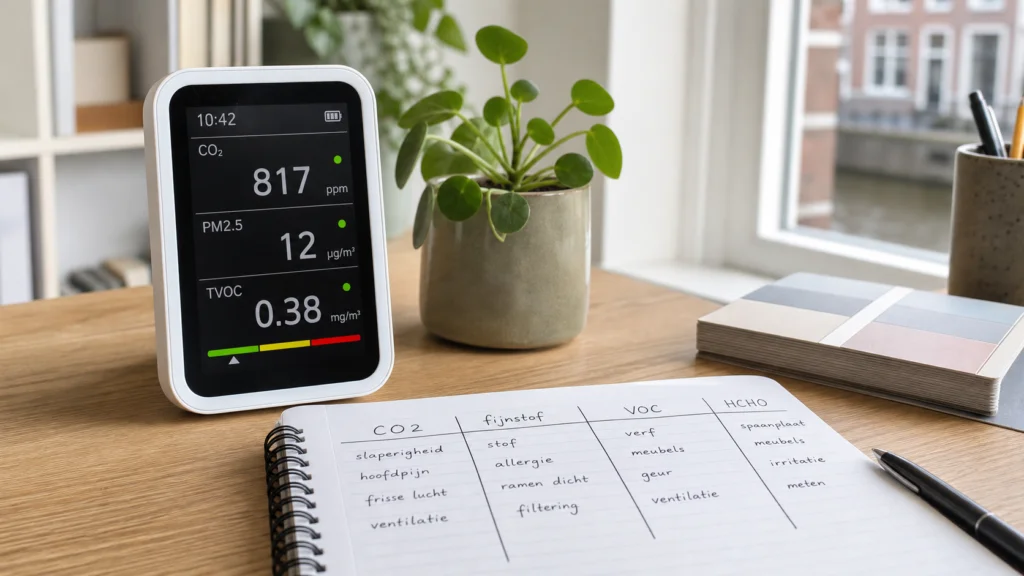 Binnenklimaatmeter op bureau met CO2 fijnstof VOC en HCHO keuzehulp.