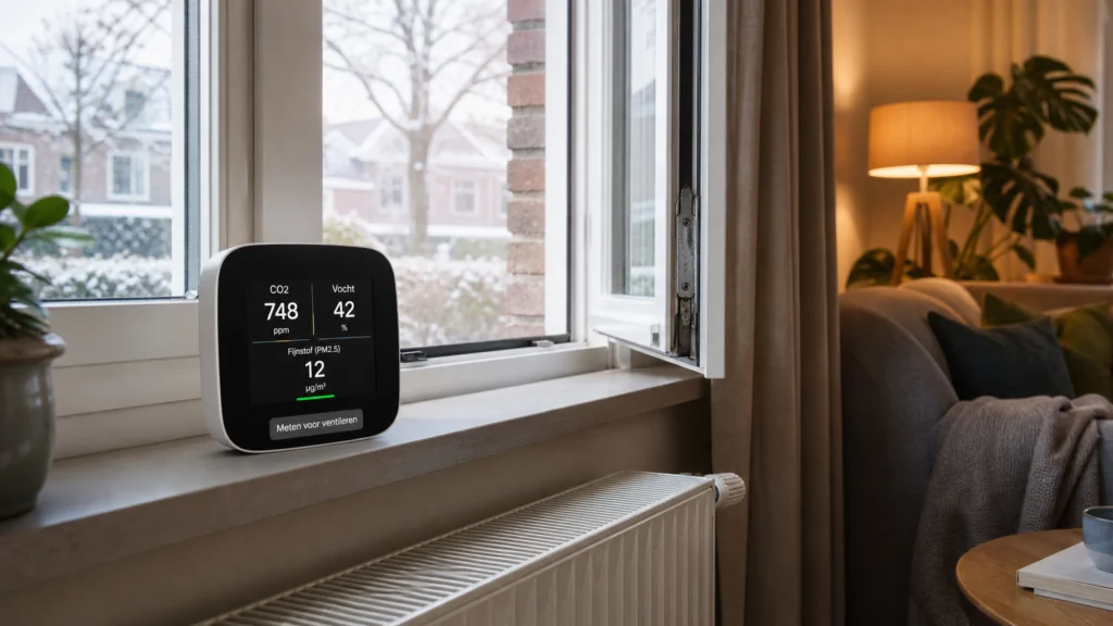 Luchtkwaliteitsmeter bij een open raam in het stookseizoen voor CO2 vocht en fijnstof.