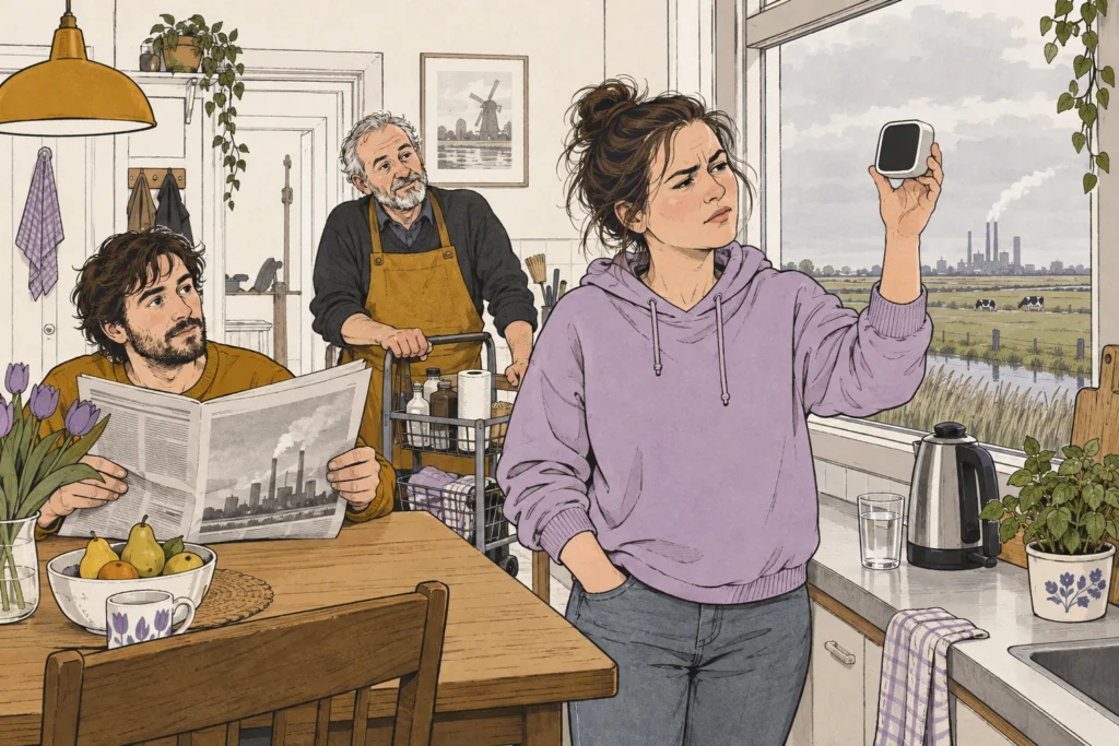 Vrouw houdt een kleine luchtkwaliteitsmeter tegen het keukenraam, met op de achtergrond een chemische fabriek in de polder