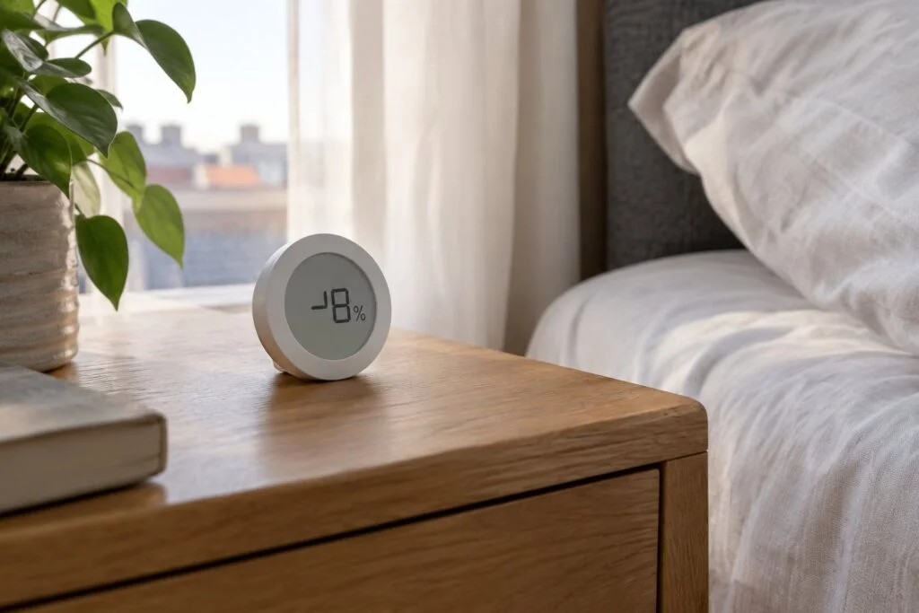Digitale hygrometer op een houten nachtkastje met 48 procent luchtvochtigheid op het display