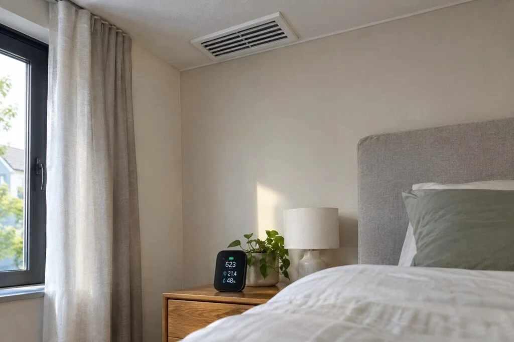 Ventilatierooster aan het plafond van een slaapkamer met een digitale CO2 meter op het nachtkastje
